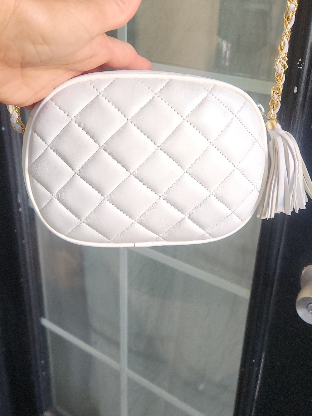 White Quilted Camera Bag with Gold Chain - Picture 2 of 10